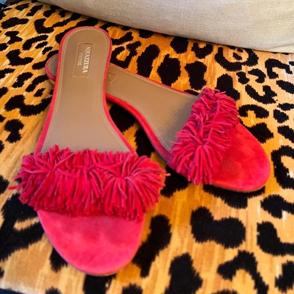 AQUAZURRA Wild Thing Suede Fringe Flat Slide Sandal Lipstick Red - Picture 9 of 9